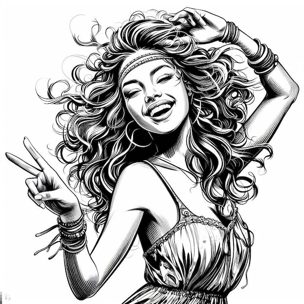 Улыбающаяся танцующая красота Женщина лицо Хиппи Женщина Мир Векторное искусство Иллюстрация Рисунок