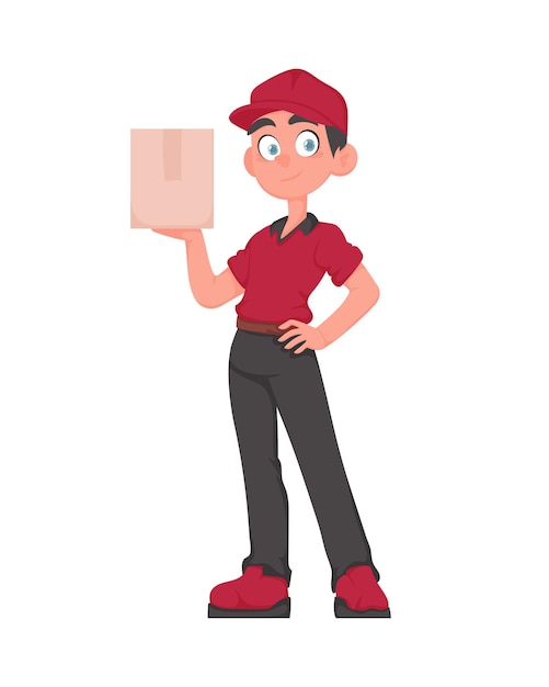 Vettore consegnatore sorridente con pacco corriere amichevole in uniforme rosso con una scatola di carta illustrazione di cartoni animati vettoriali