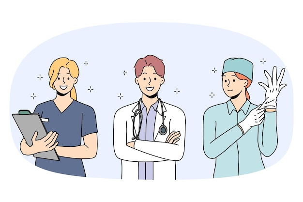 病院で制服を着た笑顔の多様な医師