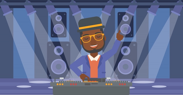 Vector smiling dj with console.