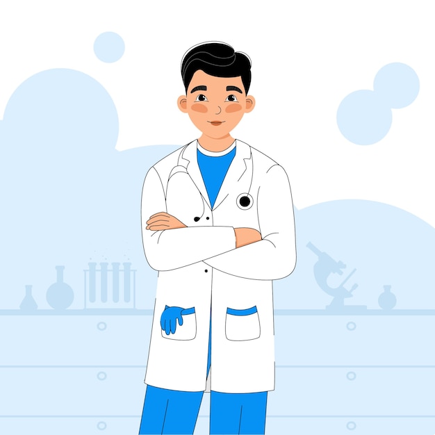 smiling doctor with a stethoscope, a doctor with a stethoscope, a doctor in a laboratory, research