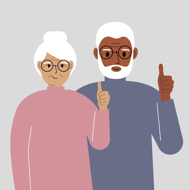 Vector smiling elderly couple good mood concept positive emotions happy people boyfriend and girlfriend showing thumbs up fun and joy vector flat illustration