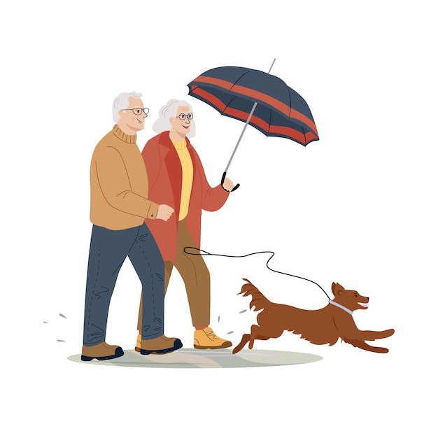 Smiling elderly couple spends time outdoors with dog Vector cartoon illustration of a happy senior