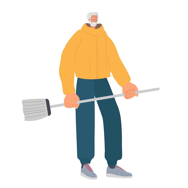 Smiling elderly man carrying broom senior cleaning man with beard, gray hair wearing casual clothes