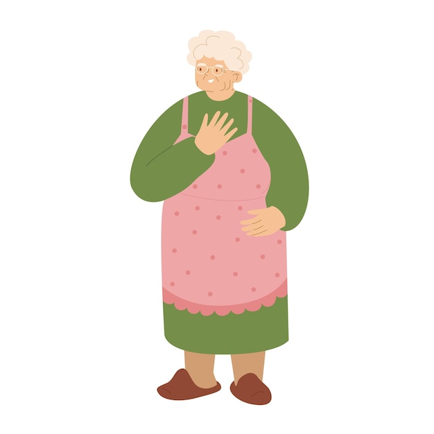 Vector smiling elderly woman in a home apron leisure and lifestyle of pensioners active older people holidays at grandmas vector illustration isolated on transparent background