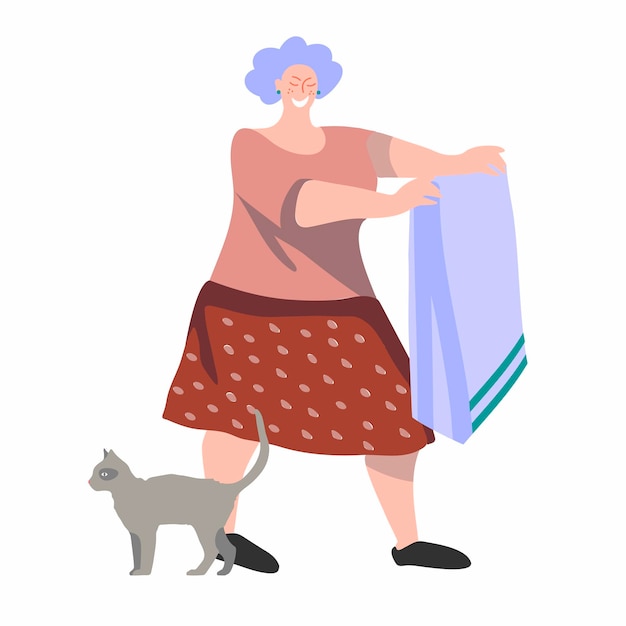 Smiling elderly woman with a cat is doing housework