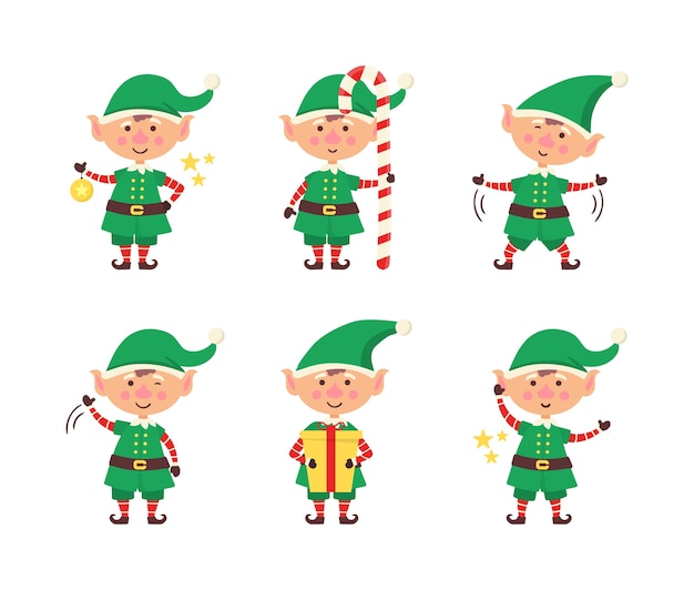 Vector smiling elf packing gifts. collection of christmas elves isolated on white background. funny and joyful helper santa sending holiday gift and decoration christmas tree. happy new year. vector.