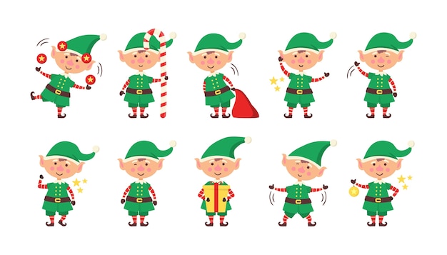 Smiling elf packing gifts. Collection of Christmas elves isolated on white background. Funny and joyful helper santa sending holiday gift and decoration christmas tree. Happy New Year. Vector.