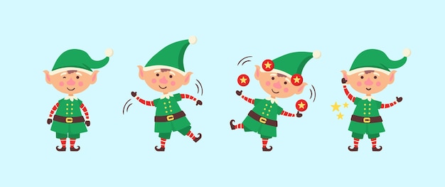 Vector smiling elf packing gifts. collection of christmas elves isolated on white background. funny and joyful helper santa sending holiday gift and decoration christmas tree.