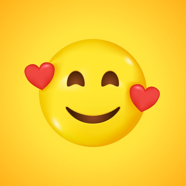 Smiling emoticon with three hearts. Big smile in 3D