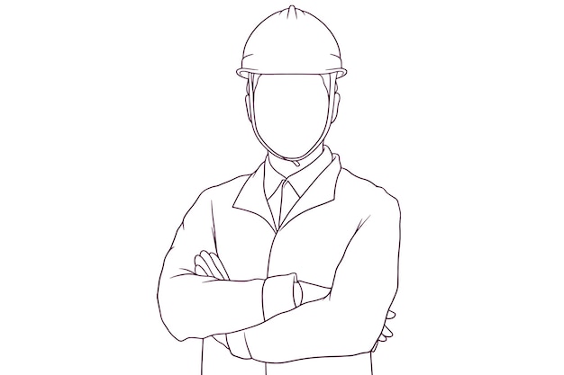 Smiling engineer standing with hard hat hand drawn vector illustration