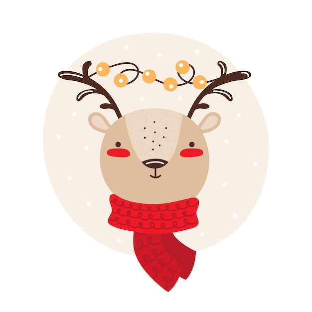 웃는 얼굴 재미 사슴 겨울 스카프와 크리스마스 화환에 귀여운 순록 흰색 배경에 고립 된 만화 동물 캐릭터 크리스마스와 새 해에 대 한 유치 한 다채로운 벡터 일러스트 레이 션