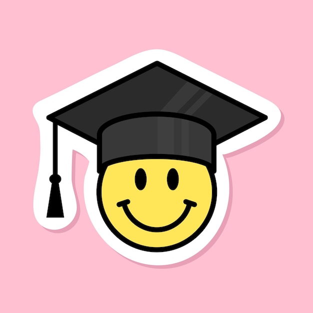 ピンクの背景に卒業帽子ステッカー黄色のシンボルと黒の輪郭かわいい笑顔のステッカーを身に着けている笑顔のグルーヴィーな美的ベクトル デザイン要素