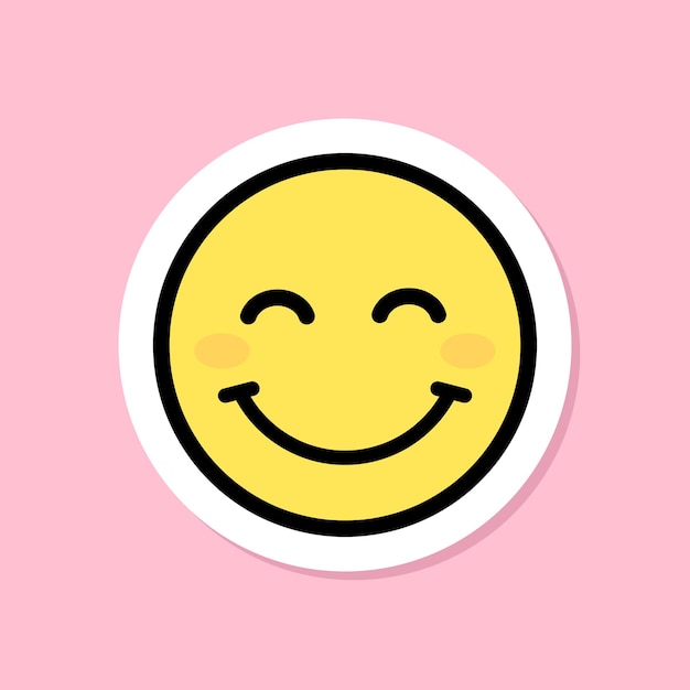 Vector smiling face with smiling eyes emoji sticker yellow face with closed eyes black outline cute sticker on pink background groovy aesthetic vector design element