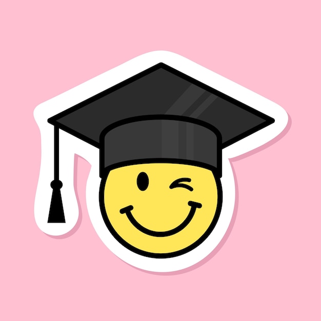 Vector smiling face with winking eye wearing graduation hat sticker yellow symbol with black outline groovy aesthetic vector design element