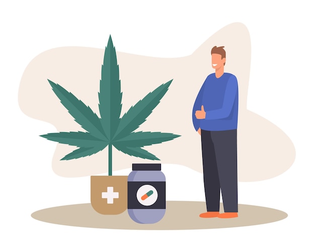 Smiling faceless guy takes medical marijuana pills Supporting legality of cannabis for medical and recreational use Marijuana products cultivation and distribution Vector