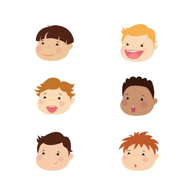 Smiling faces of boys different races icon or avatar cartoon vector illustration