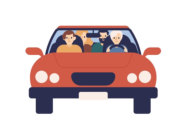 Vector smiling family riding on car together front view vector flat illustration. happy mother, father, daughter and son moving on automobile isolated on white. cute people enjoying journey on vehicle.