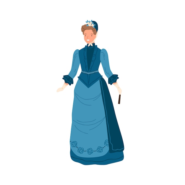 Smiling fashionable woman standing in elegance retro blue dress and hat vector flat illustration. adorable female in classic 19th century apparel isolated on white. stylish person in 1870s garment.