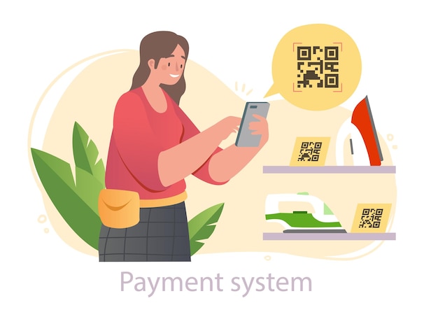 웃는 여성 캐릭터는 색 배경에 스마트폰으로 qr 코드를 스캔하고 있습니다.
