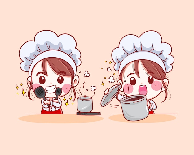 Smiling female chef. Woman chef is cooking. Hand drawn illustration