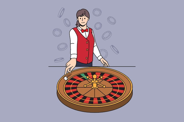 Smiling female croupier spin roulette in casino