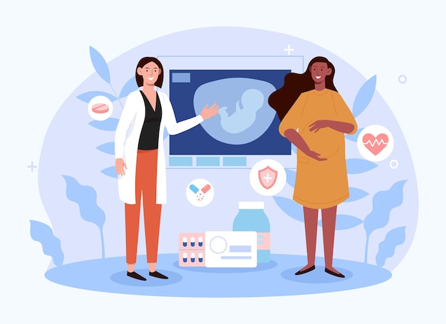 Smiling female doctor is checking pregnant woman in modern hospital concept of medical insurance for