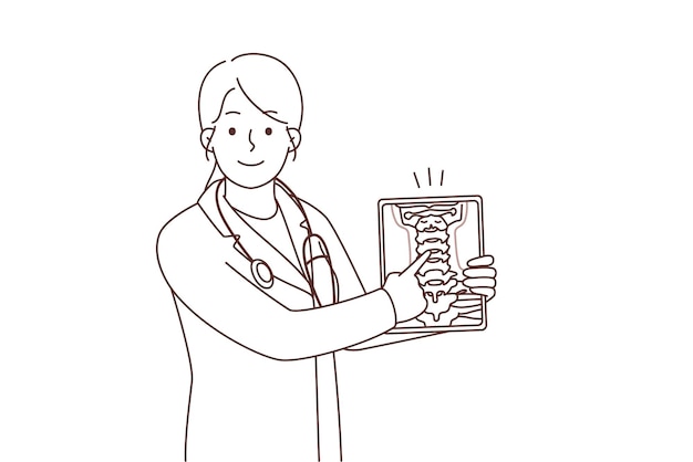 Vector smiling female doctor show body organ on tablet