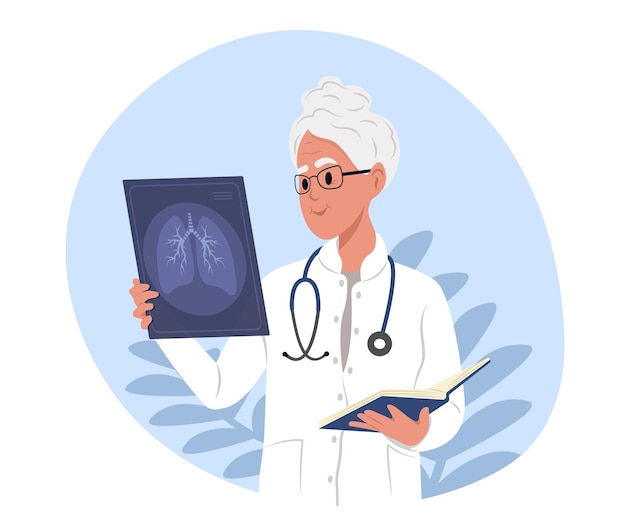 Vector smiling female elderly woman doctor holds xray of lungs in hand to prevent asthma