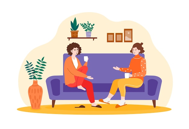 smiling female friends are drinking tea at home together happy female laughing and gossiping on