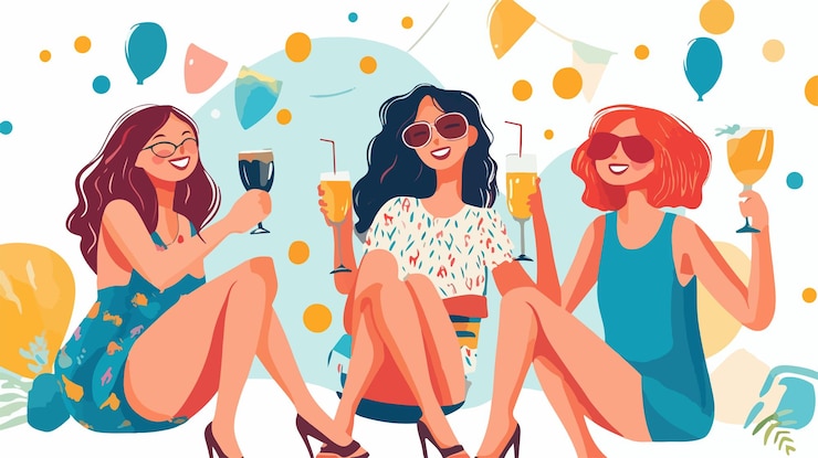 Vector smiling female friends enjoying drinks together at a social gathering