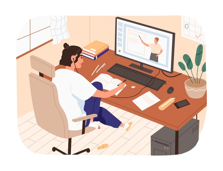 Vector 컴퓨터 화면에서 메모 벡터 삽화를 만드는 온라인을 보고 웃는 여성 연구. 인터넷 과정을 보고의 자에 앉아 국내 소녀입니다. 집에서 원격으로 공부하는 현대 학생 또는 학생.