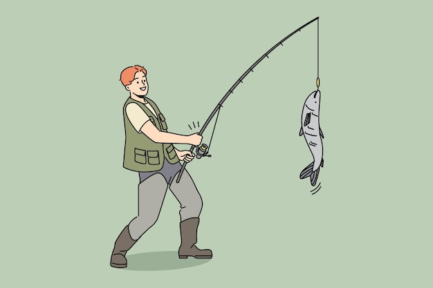 Vector smiling fisherman catching fish on rod