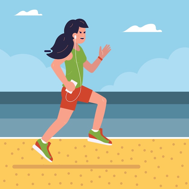 Smiling fitness girl running on beach by morning happy athletic
woman jogging and training on seaside with ear pods healthy sport
lifestyle on sea vacation and summer workout concept