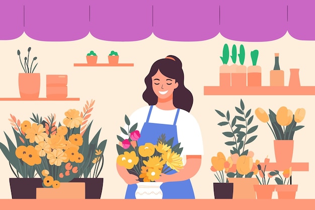 Vector smiling florist woman in the flower shop interior with differently shaped vases and flowers