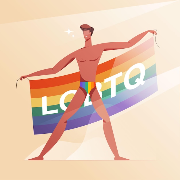 Uomo gay sorridente con l'illustrazione della bandiera di orgoglio