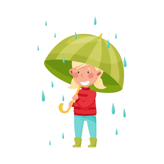 Smiling Girl Character in Rubber Boots Walking with Umbrella Vector Illustration