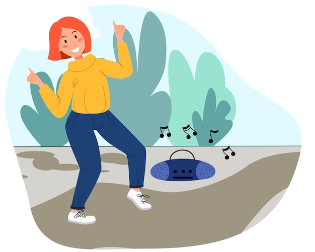 Vettore sorridente ragazza ballare e ascoltare musica per strada. una donna sta ballando nel parco. illustrazione vettoriale in stile piatto