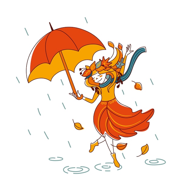 Smiling girl dancing in the rain Autumn illustration Autumn vibes Vector