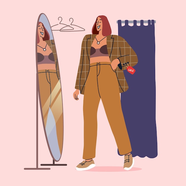 Vector smiling girl in the fitting room of a clothing store in flat style for print and designvector illustration