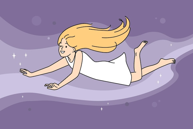 Smiling girl flying in sky dreaming