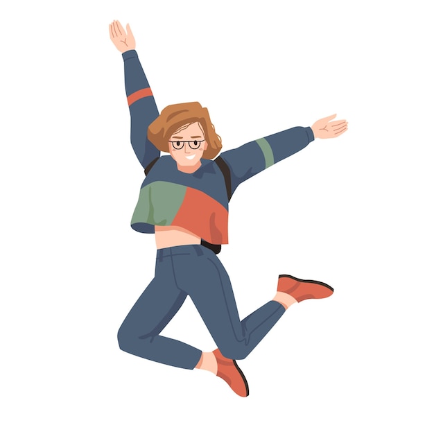 Smiling girl in glasses and backpack behind her back merrily leaps jumps with hands up