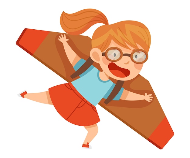 smiling girl in goggles flying and piloting with improvised fake aircraft vector illustration