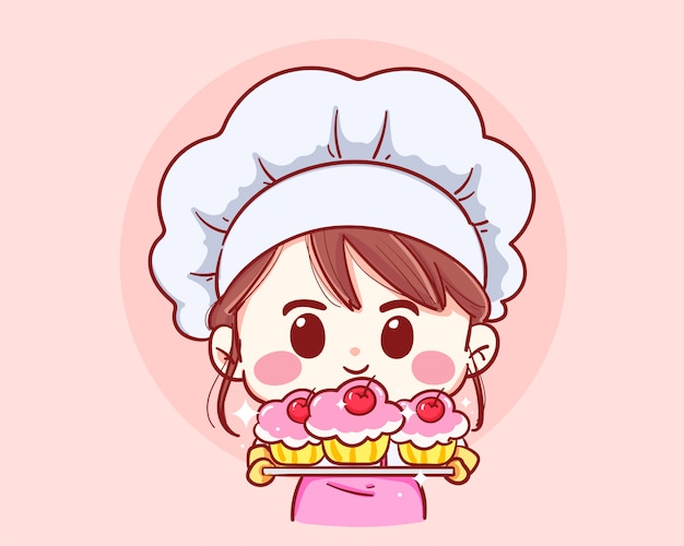 Vector smiling girl holding baking tray with homemade cake wearing apron isolated