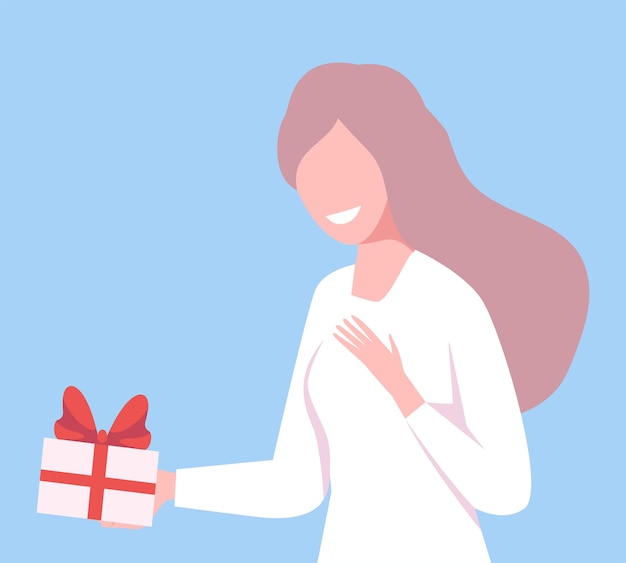 Smiling Girl Holding Gift Box Decorated with Ribbon in Outstretched Hand Young Woman Celebrating Birthday Year Vector Illustration