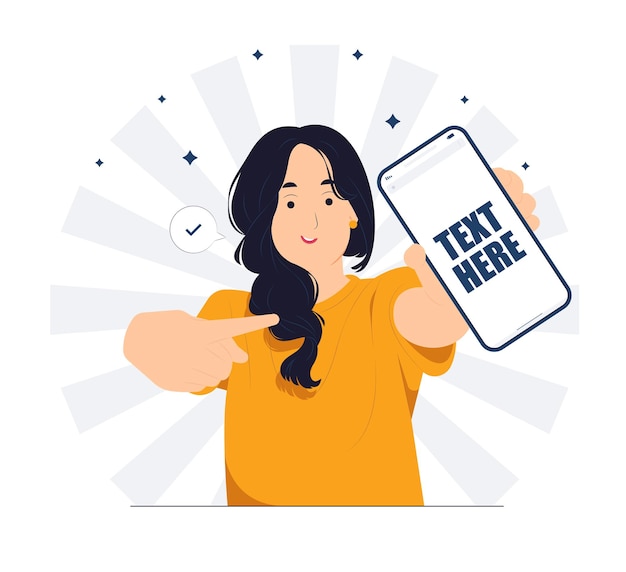 Vector smiling girl holding mobile smart phone standing and showing thumbs up positive gesture ok sign concept illustration