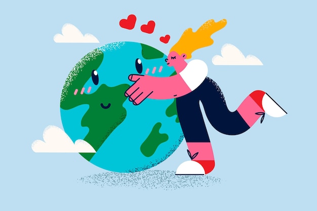 Smiling girl hug kiss planet earth show care and love to environment and nature. Happy young woman embrace globe think of ecological and environment safety. Green activist. Vector illustration.