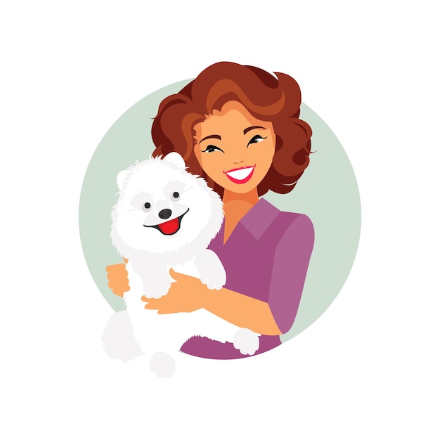 Smiling girl hugging her dog. Friendship and love. Vector illustration