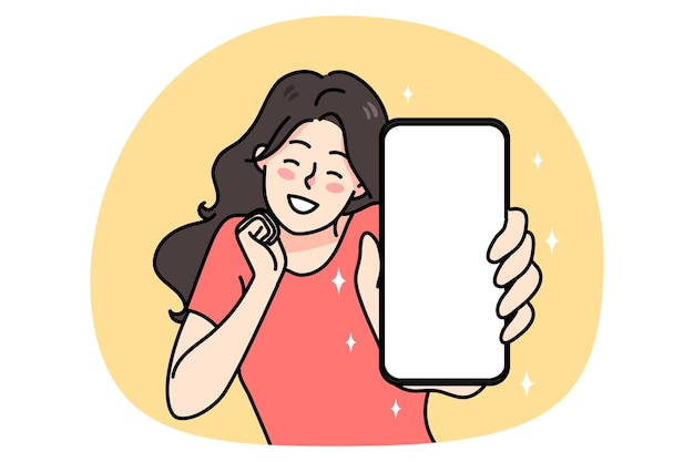 笑顔の女の子がモックアップ画面でスマートフォンを表示