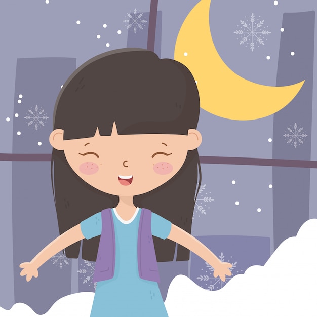 Vector smiling girl snow window night moon celebration merry christmas